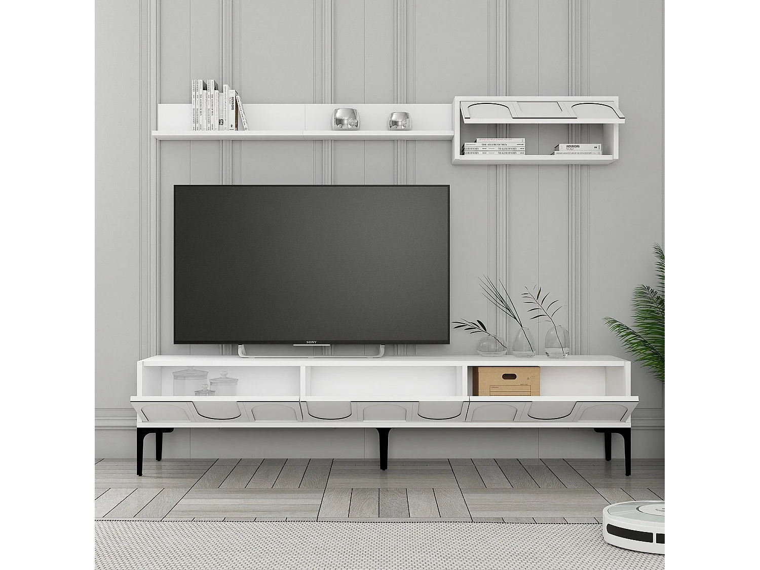Móvel de TV elegante – 180 cm – Branco e Preto – Painel de partículas revestido de melamina