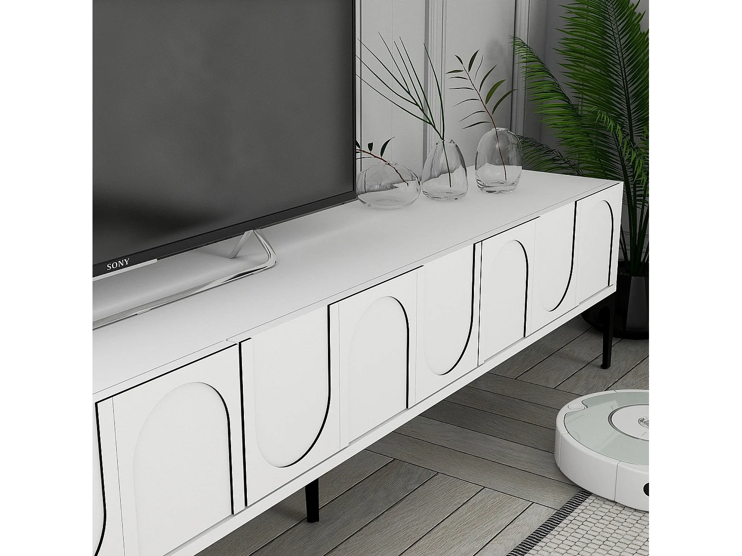 Móvel de TV elegante – 180 cm – Branco e Preto – Painel de partículas revestido de melamina