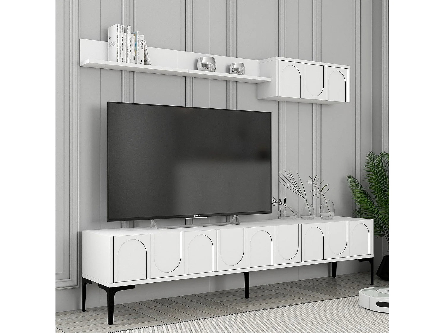 Eleganter TV-Ständer – 180 cm – Weiß und Schwarz – Melaminbeschichtete Spanplatte