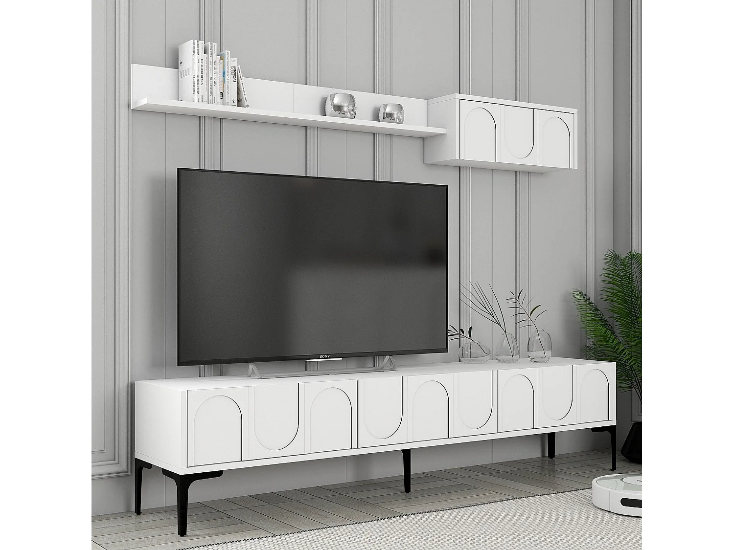 Eleganter TV-Ständer – 180 cm – Weiß und Schwarz – Melaminbeschichtete Spanplatte