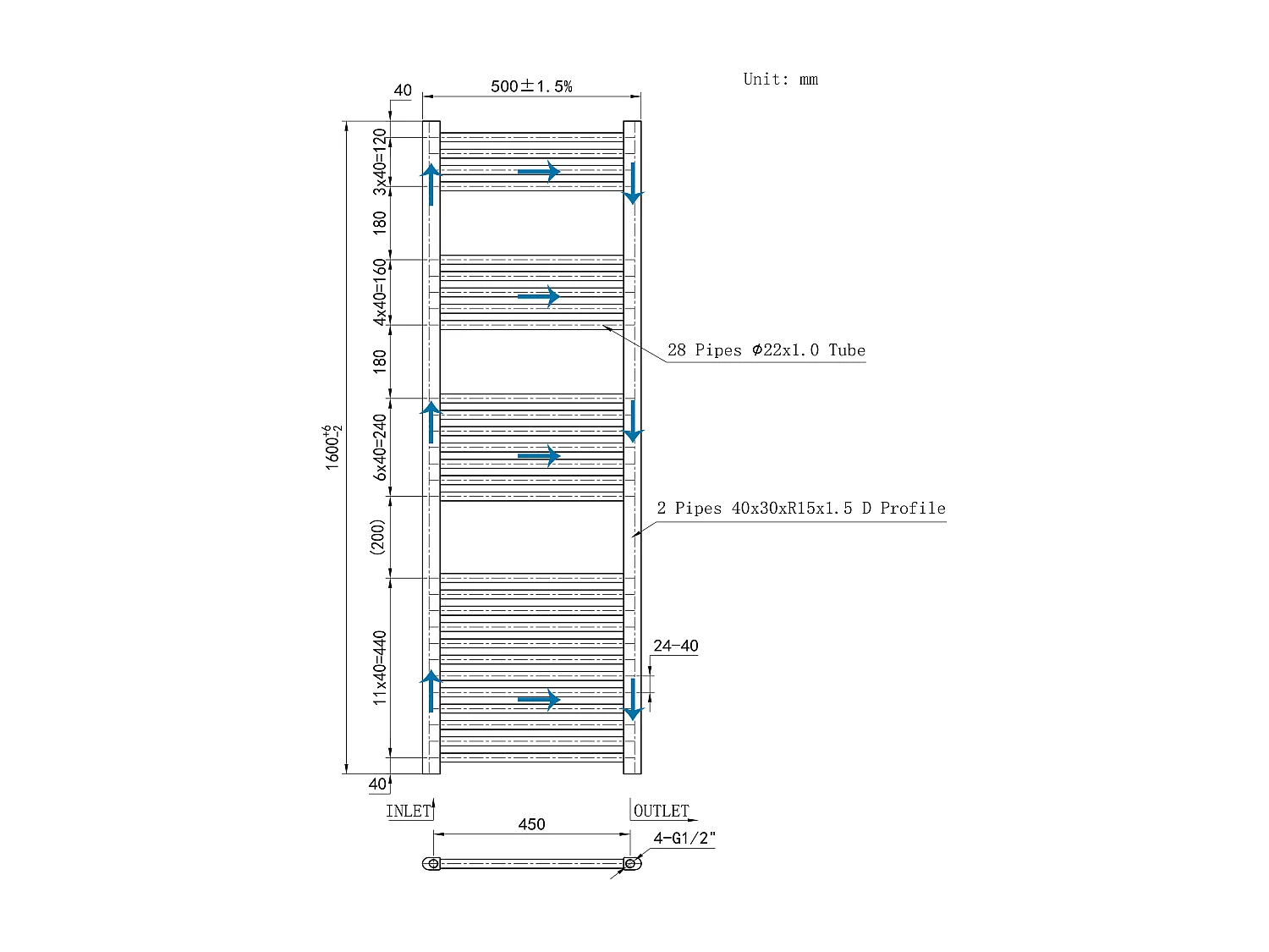 Radiador toallero en circuito de agua caliente 160x45cm Cromado