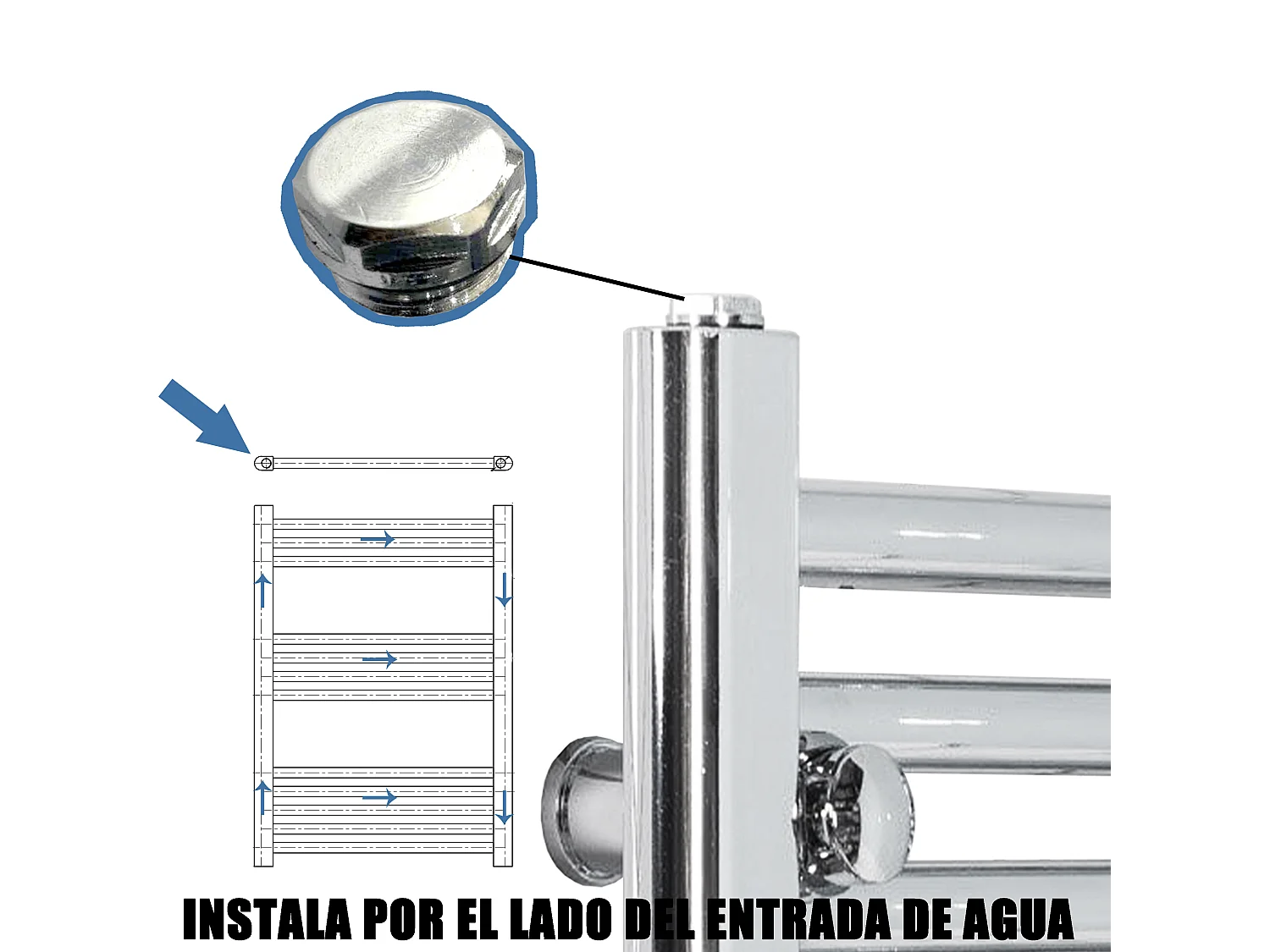 Radiador toallero en circuito de agua caliente 160x45cm Cromado