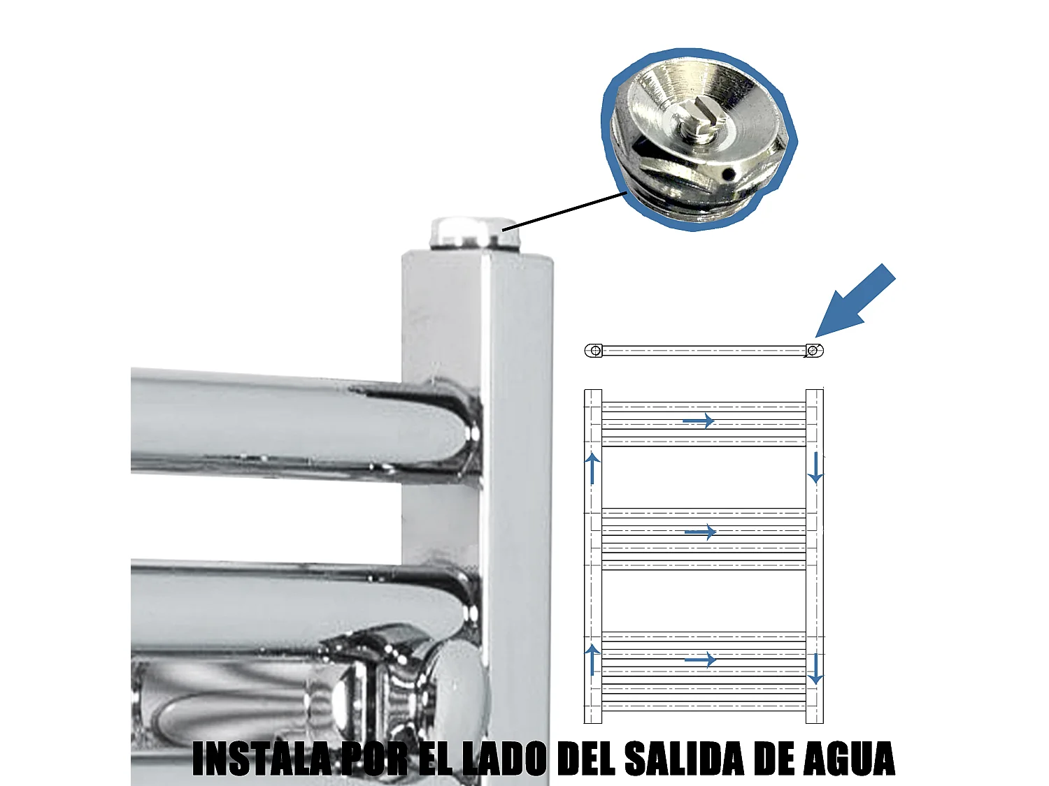 Radiador toallero en circuito de agua caliente 160x45cm Cromado