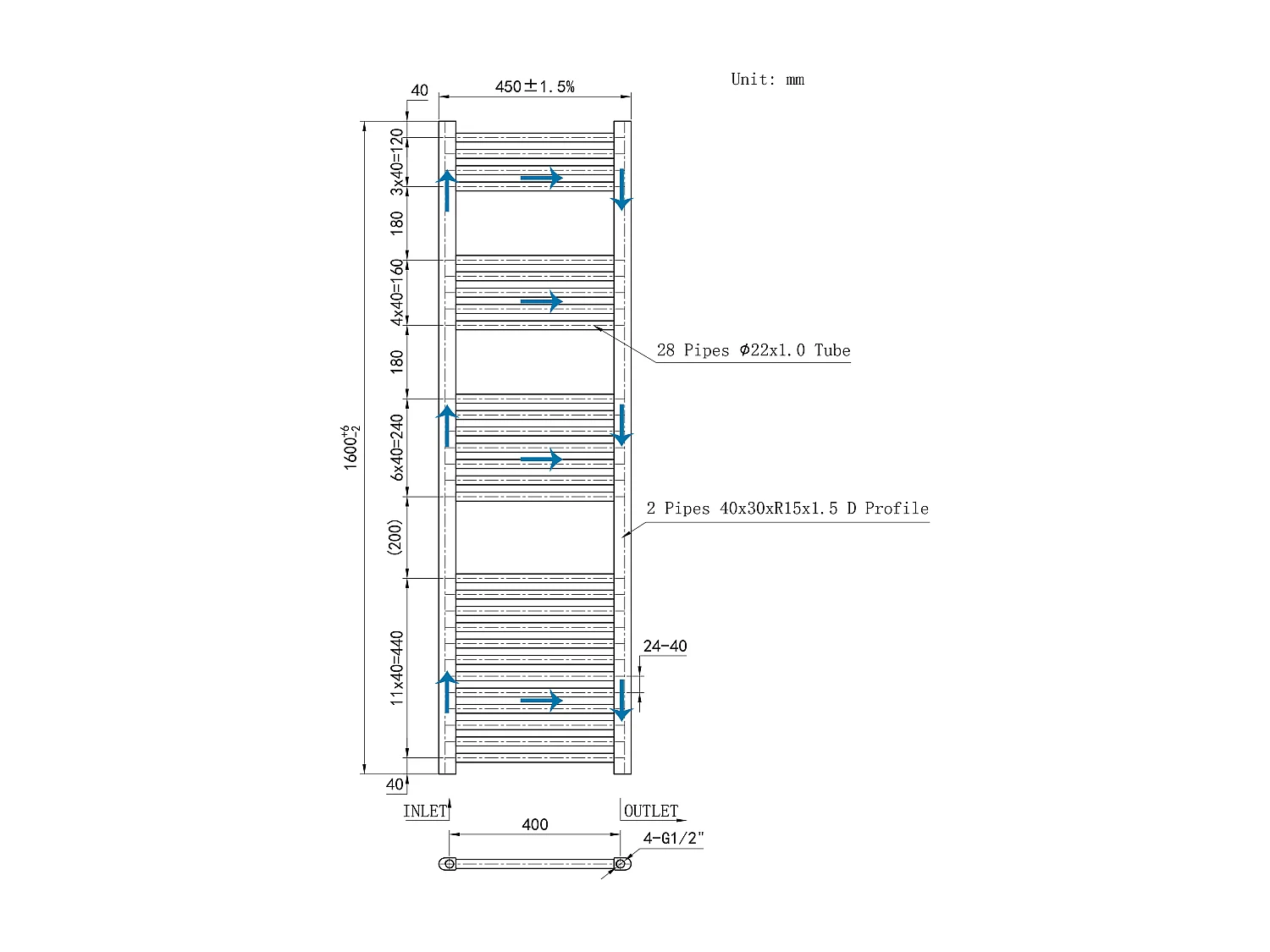 Radiador toallero de alta salida de calor cromado calefacción 160x45cm
