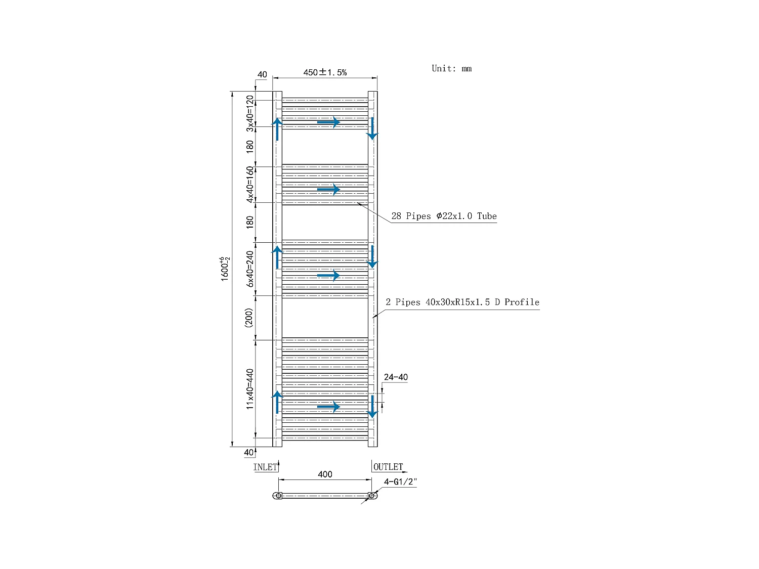 Radiador toallero de alta salida de calor blanco calefacción 160x45cm