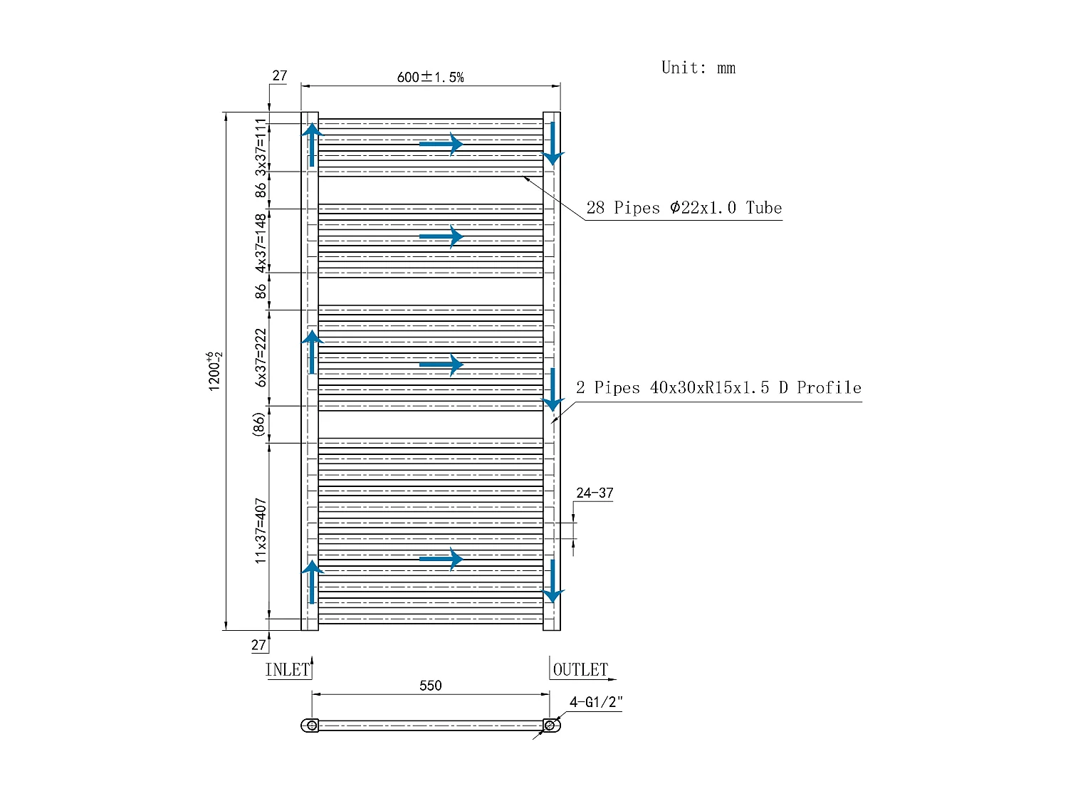 Radiador toallero 120x55cm Blanco 55cm entre ejes en circuito de agua caliente