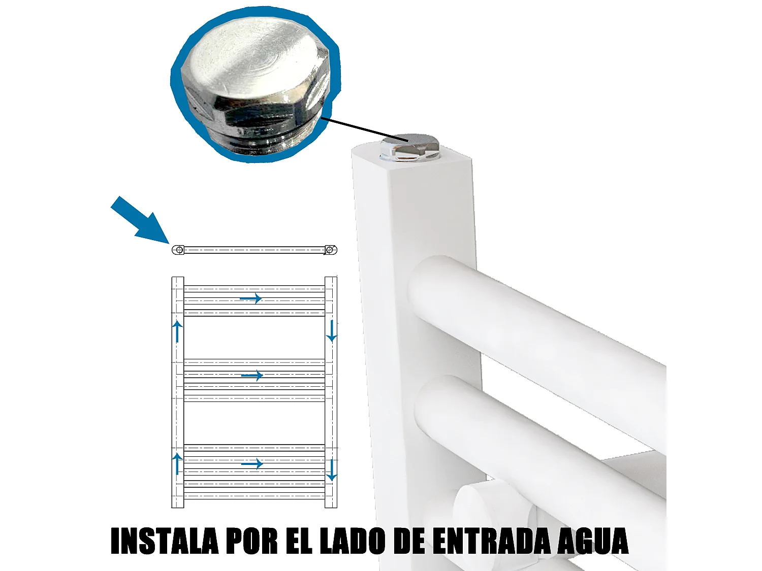 Radiador toallero 120x55cm Blanco 55cm entre ejes en circuito de agua caliente