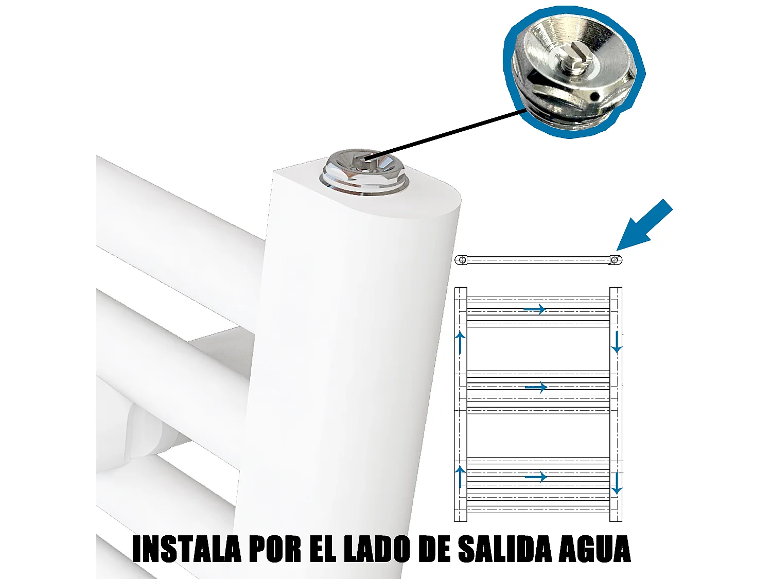 Radiador toallero 120x55cm Blanco 55cm entre ejes en circuito de agua caliente