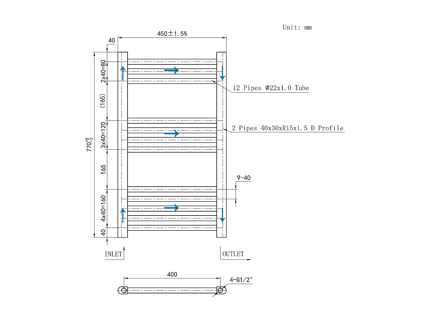 Radiador toallero 77x40cm Cromado 40cm entre ejes en circuito de agua caliente
