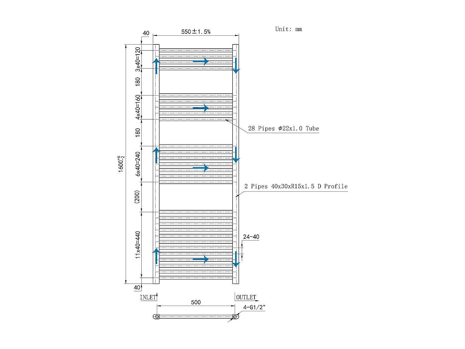 Radiador toallero de alta salida de calor blanco calefacción 160x55cm