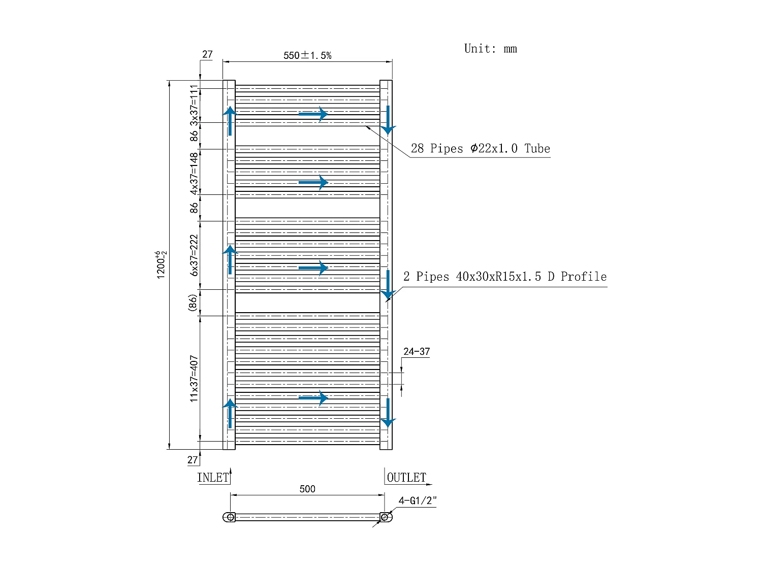 Radiador toallero de agua fácil de Instalar 120x55cm Blanco