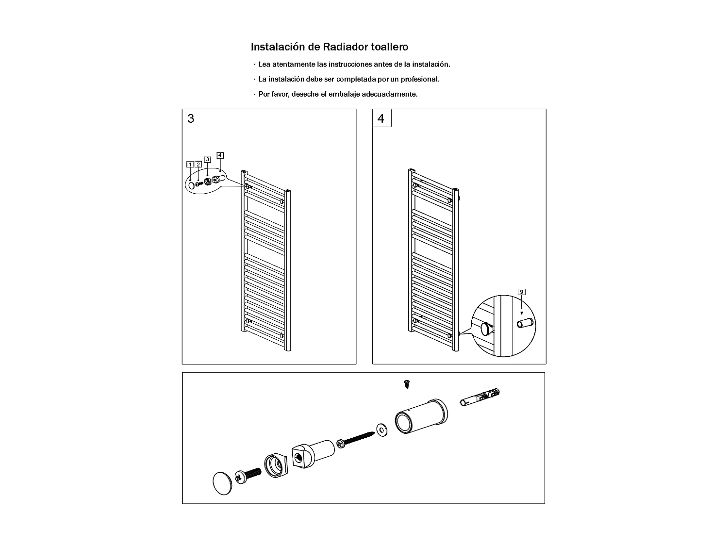 Radiador toallero de agua fácil de Instalar 120x55cm Blanco