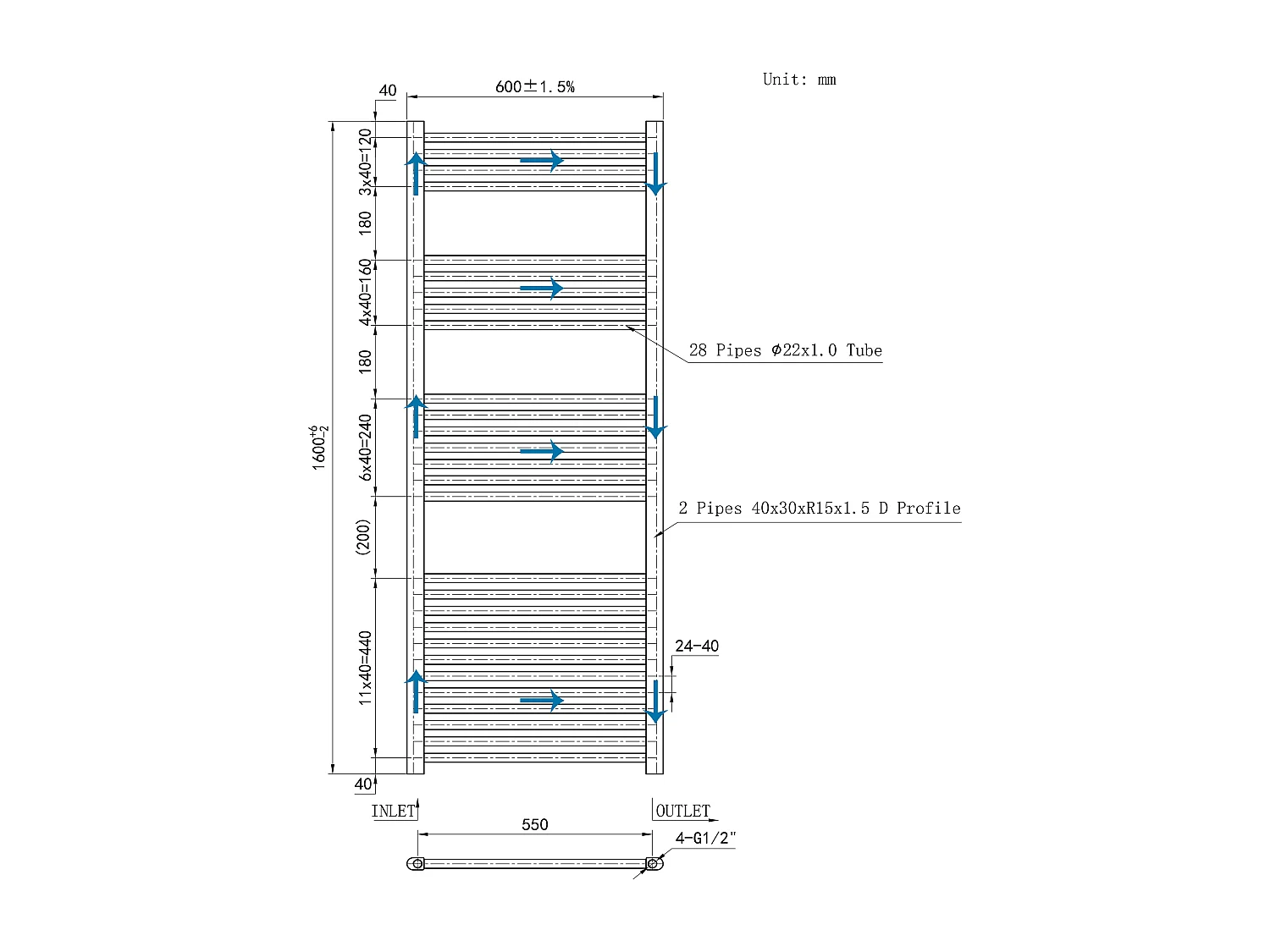 Radiador toallero de alta salida de calor cromado calefacción 160x60cm
