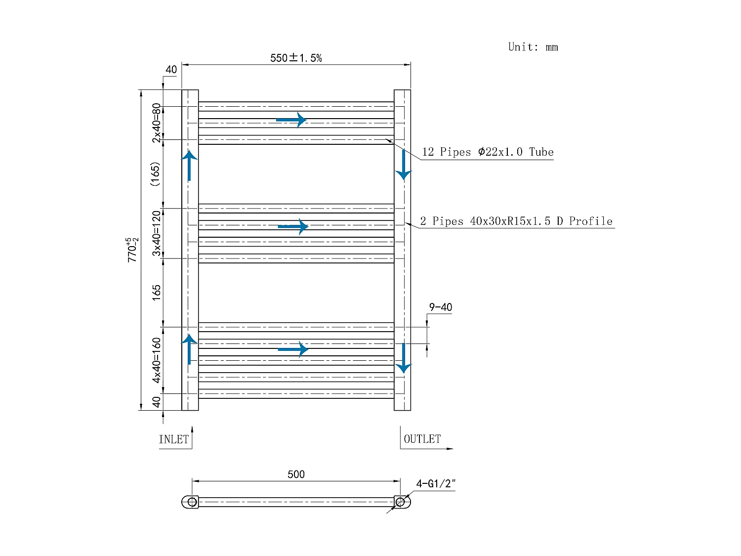 Radiador toallero de alta salida de calor cromado calefacción 77x55cm