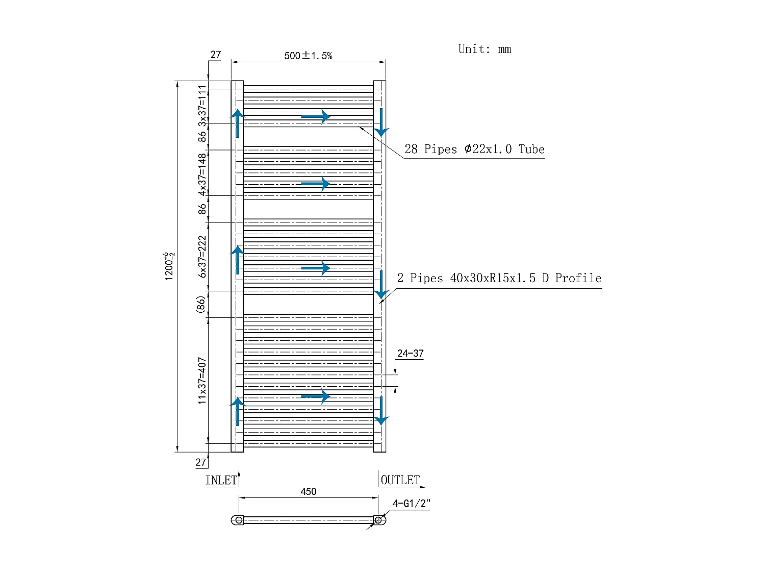 Radiador toallero de agua calefacción cromado 1200x500mm