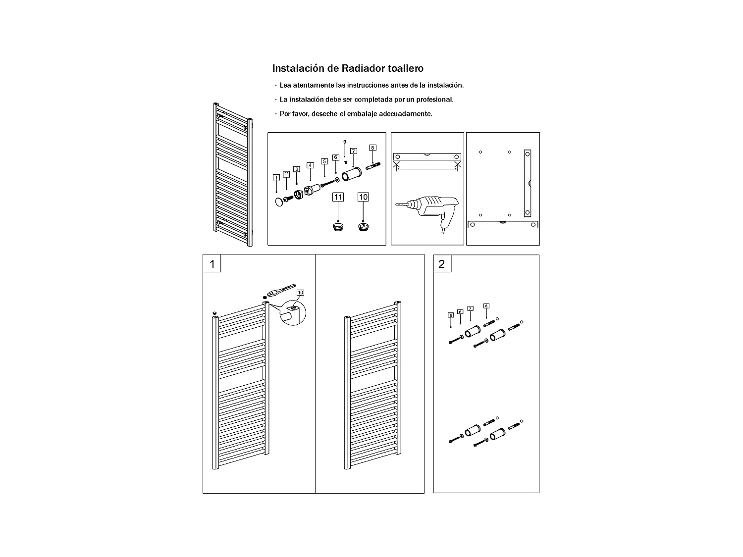 Radiador toallero de agua calefacción cromado 1800x600mm