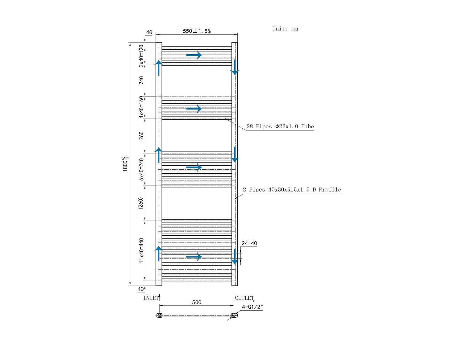 Radiador toallero 180x50cm Cromado 50cm entre ejes en circuito de agua caliente