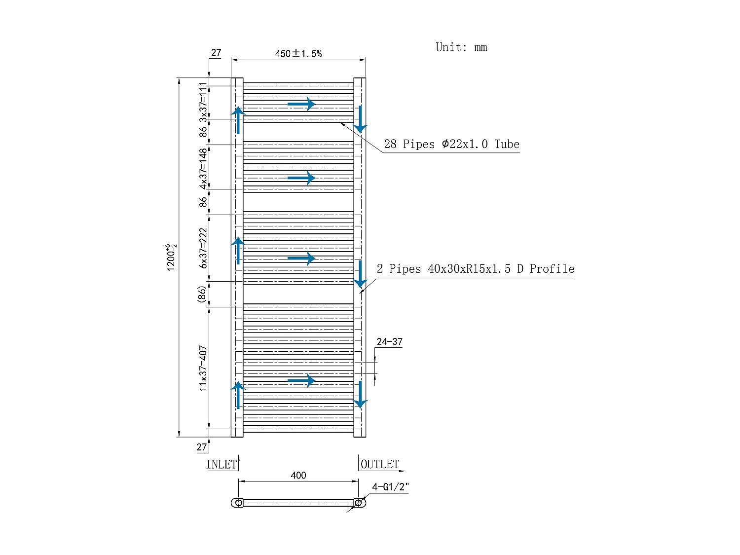 Radiador toallero de agua fácil de Instalar 120x45cm Cromado