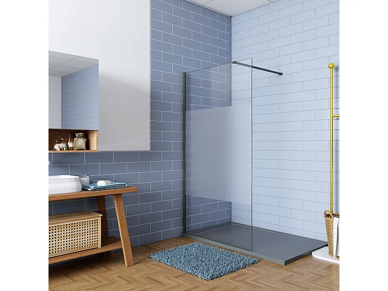 70x200cm Schwarzrahmen Duschabtrennung Walk In 8mm Nano ESG Milchglasstreifen Duschabtrennung + N Form 90cm Stabilisator Höhe 200cm