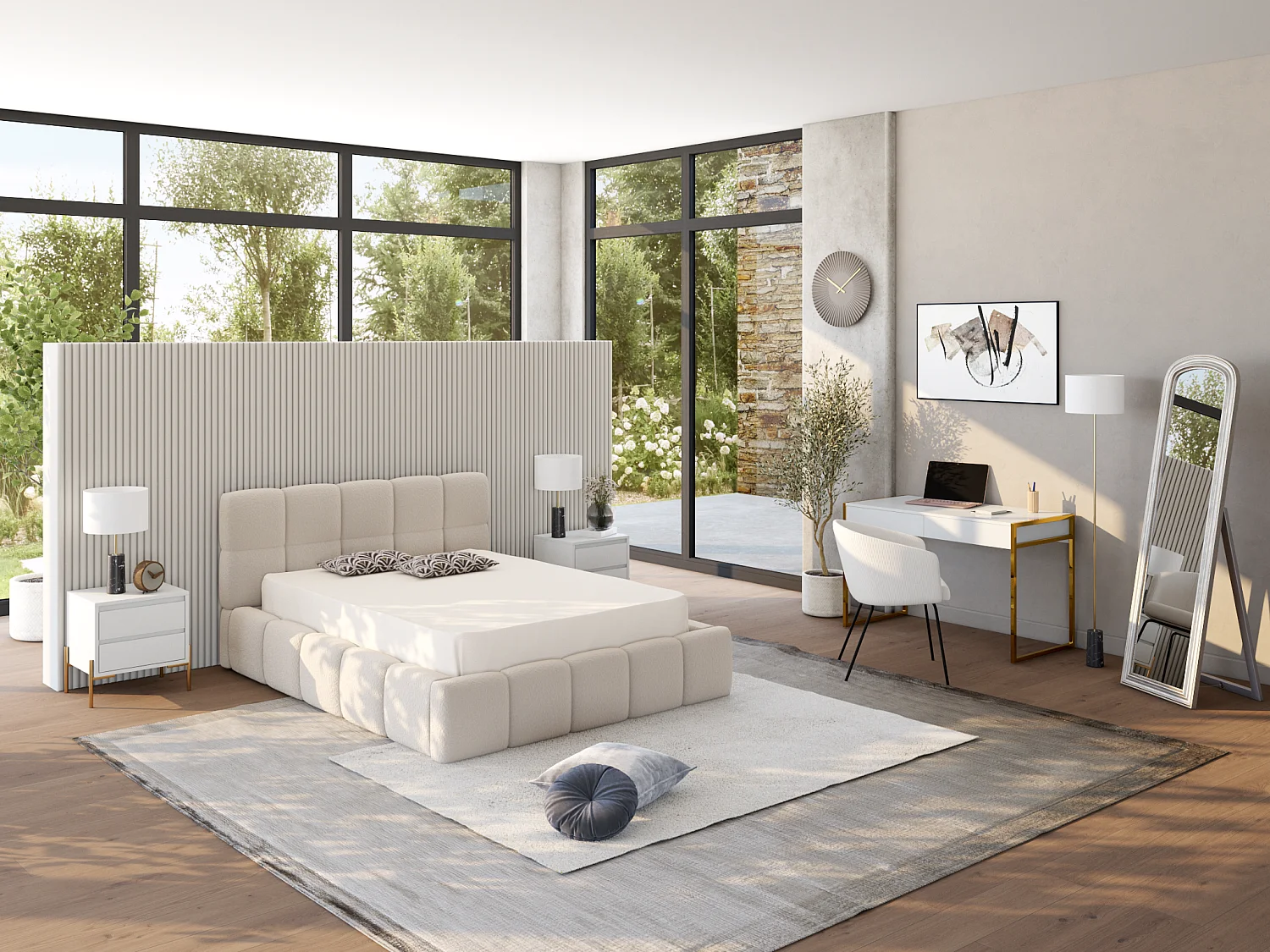 Lit coffre 200 x 200 cm - Tissu bouclette - Beige + Matelas - DAMADO de Pascal Morabito