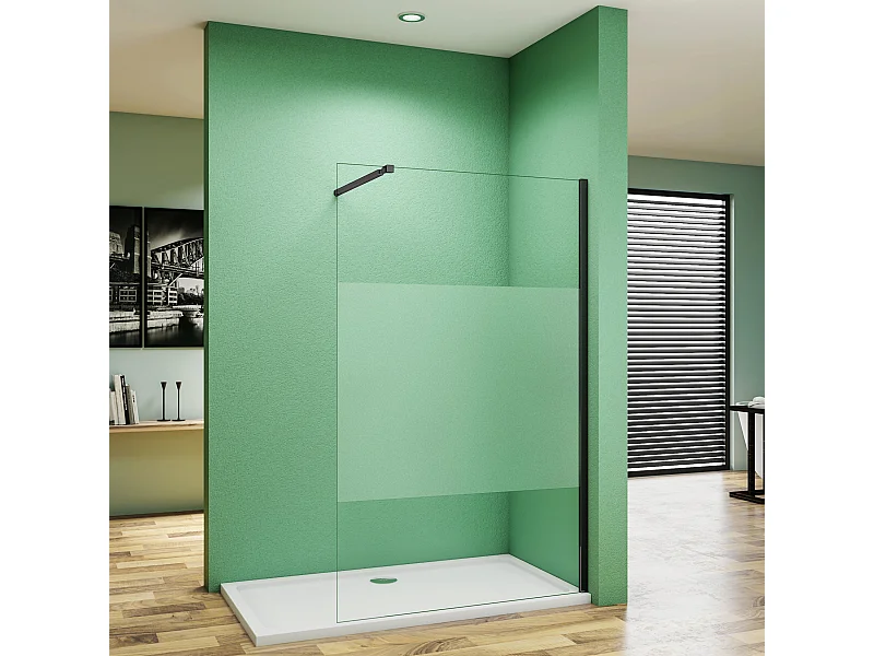 140x200cm Schwarzrahmen Duschabtrennung Walk In 10mm Nano ESG Milchglasstreifen Duschabtrennung + 73-120cm Stabilisator Höhe 200cm