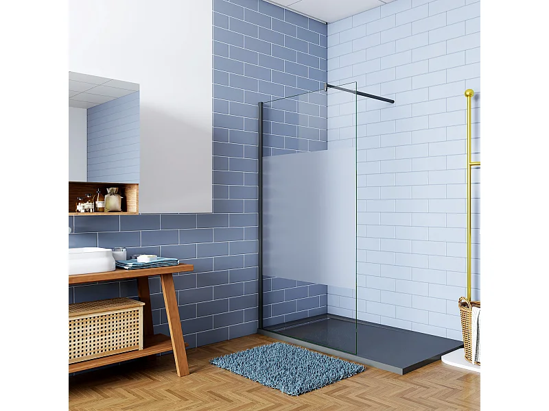 70x200cm Schwarzrahmen Duschabtrennung Walk In 10mm Nano ESG Milchglasstreifen Duschabtrennung + 70-120cm Stabilisator Höhe 200cm