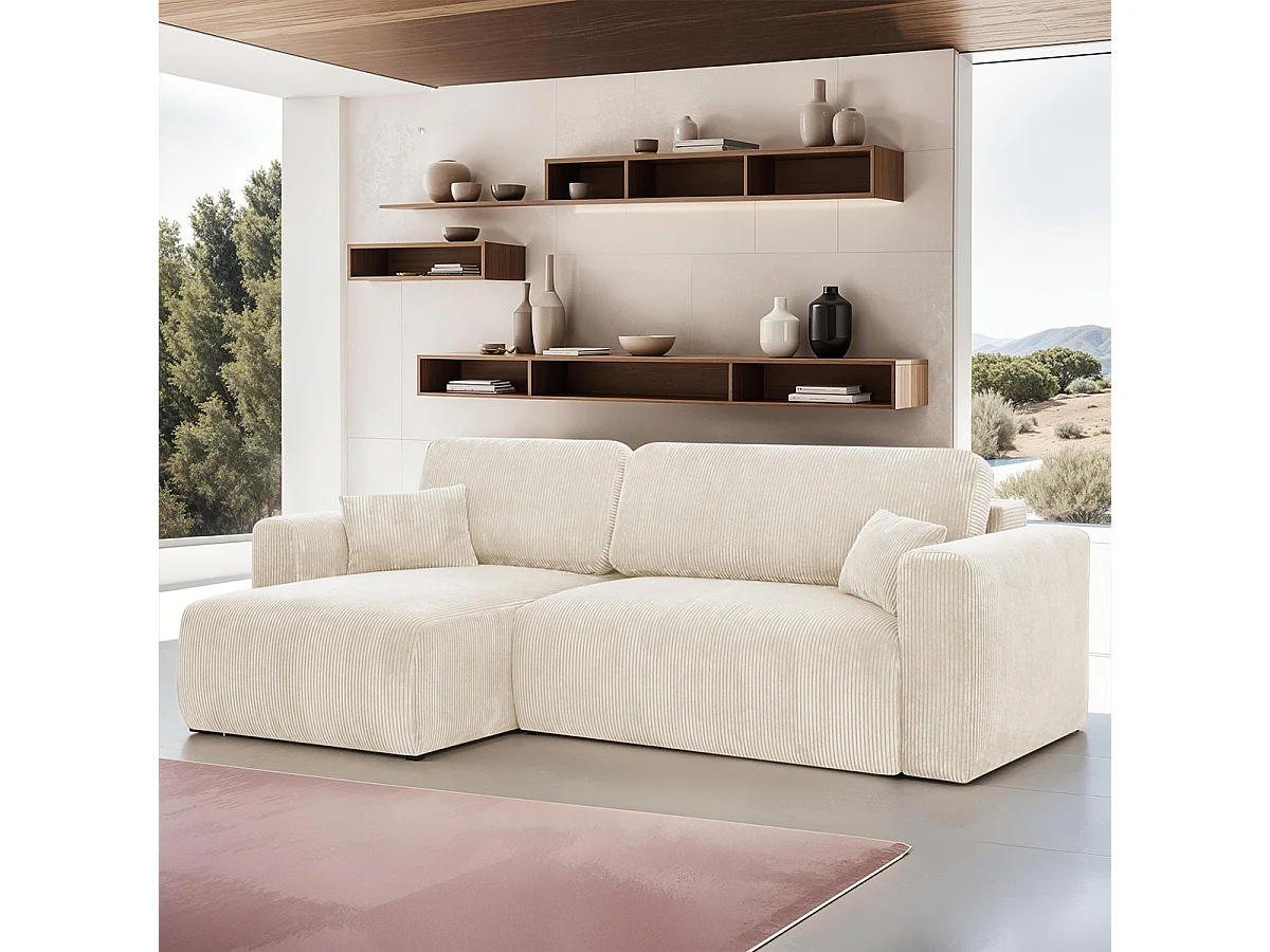 Canapé d'angle réversible convertible 4 places avec coffre de rangement en velours côtelé beige - Davis