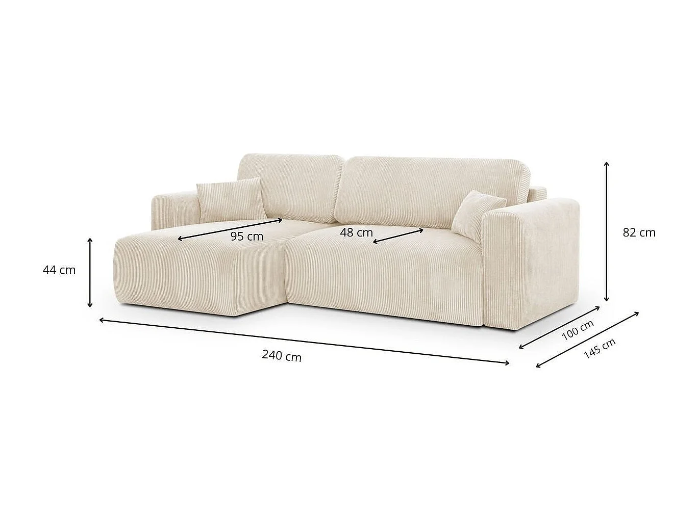 Canapé d'angle réversible convertible 4 places avec coffre de rangement en velours côtelé beige - Davis