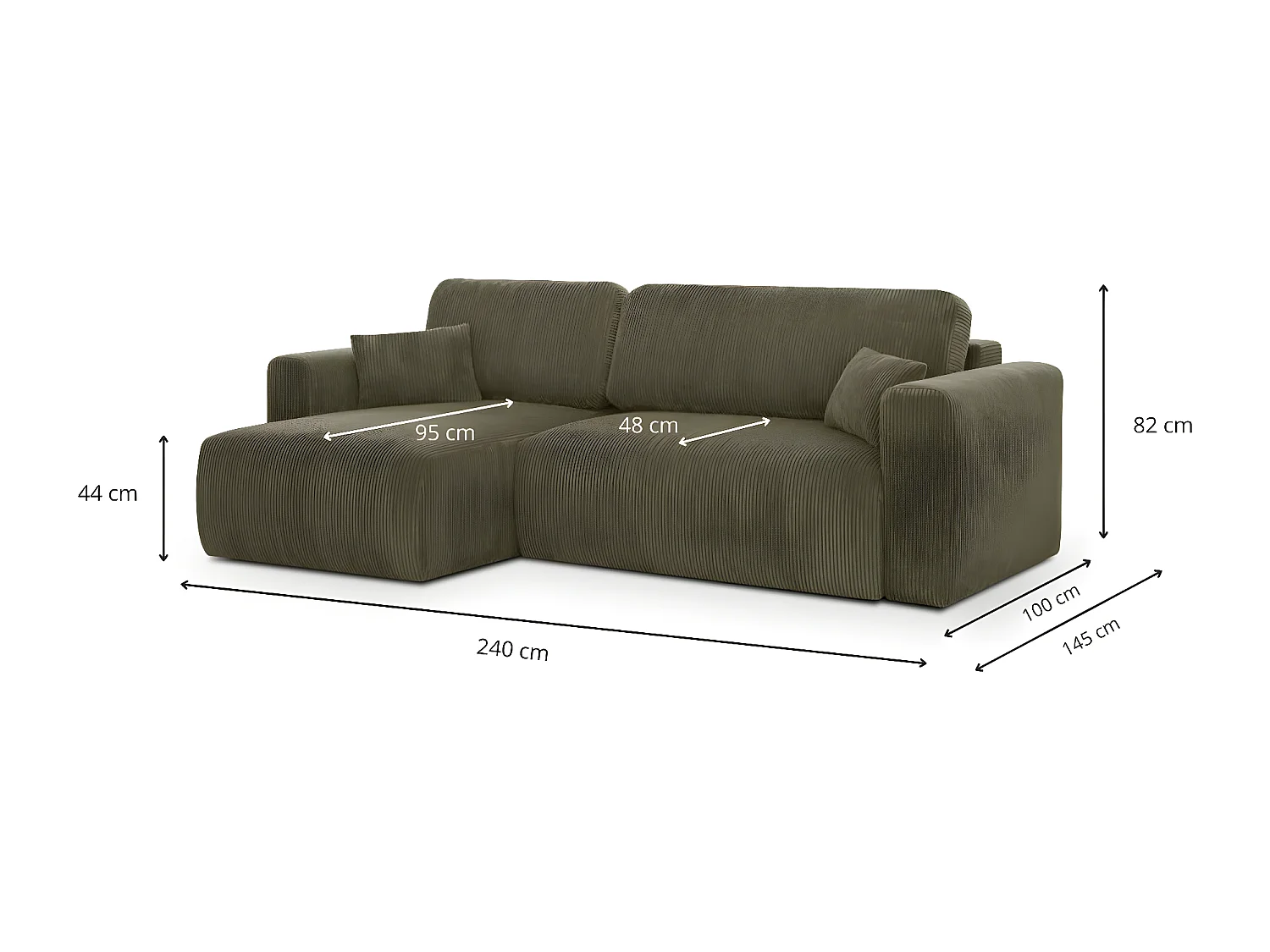 Canapé d'angle réversible convertible 4 places avec coffre de rangement en velours côtelé vert kaki - Davis