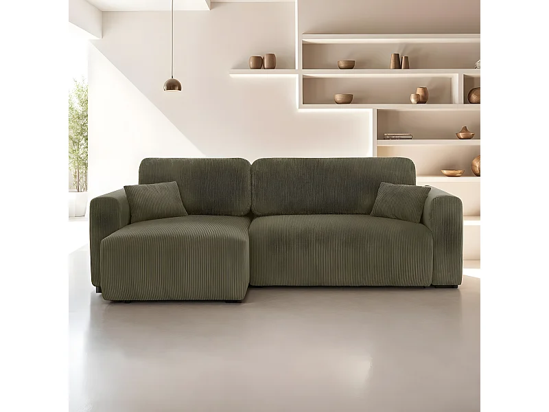 Canapé d'angle réversible convertible 4 places avec coffre de rangement en velours côtelé vert kaki - Davis