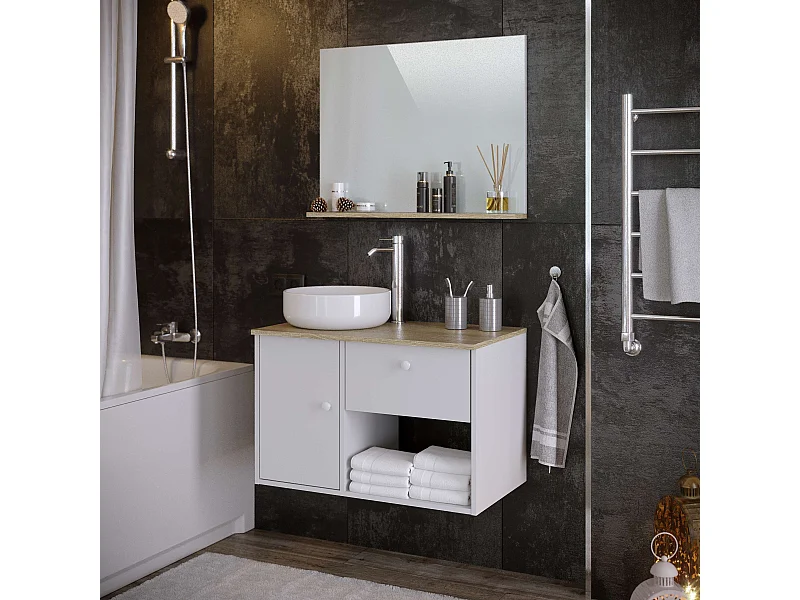 Meuble de salle de bain LARA 1 tiroir 1 porte 80 cm blanc et chêne T-BATH Inclus lavabo et miroir