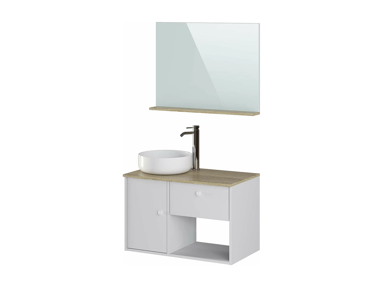 Meuble de salle de bain LARA 1 tiroir 1 porte 80 cm blanc et chêne T-BATH Inclus lavabo et miroir