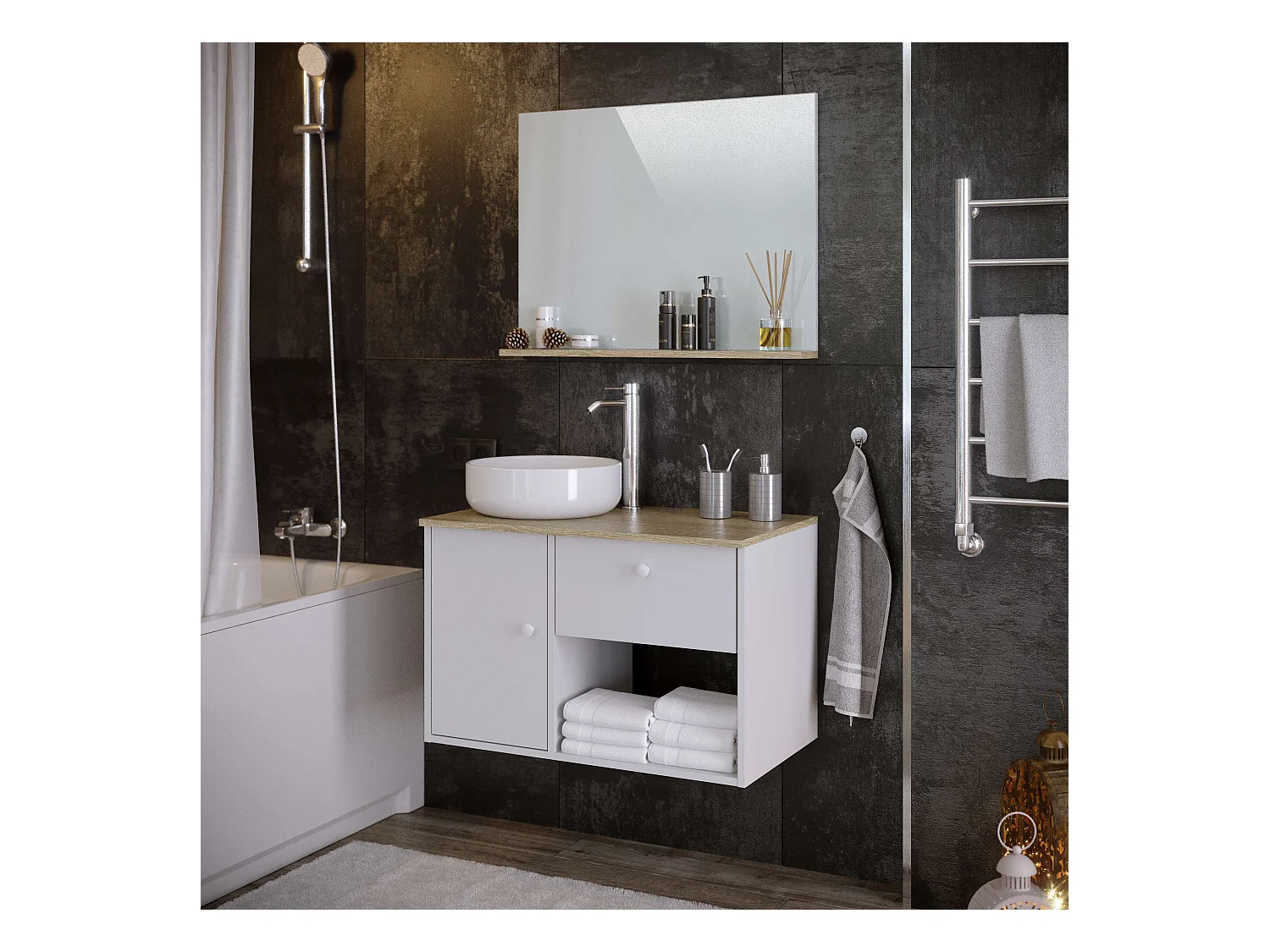 Meuble de salle de bain LARA 1 tiroir 1 porte 80 cm blanc et chêne T-BATH Inclus lavabo et miroir