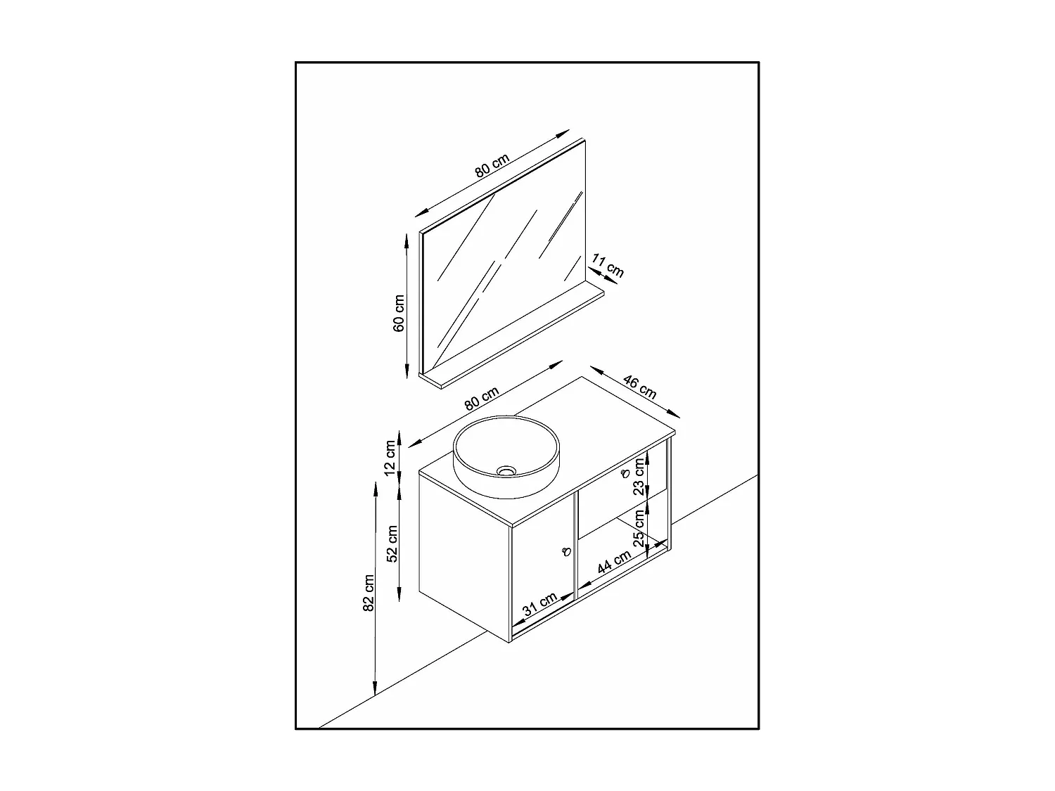 Meuble de salle de bain LARA 1 tiroir 1 porte 80 cm blanc et chêne T-BATH Inclus lavabo et miroir