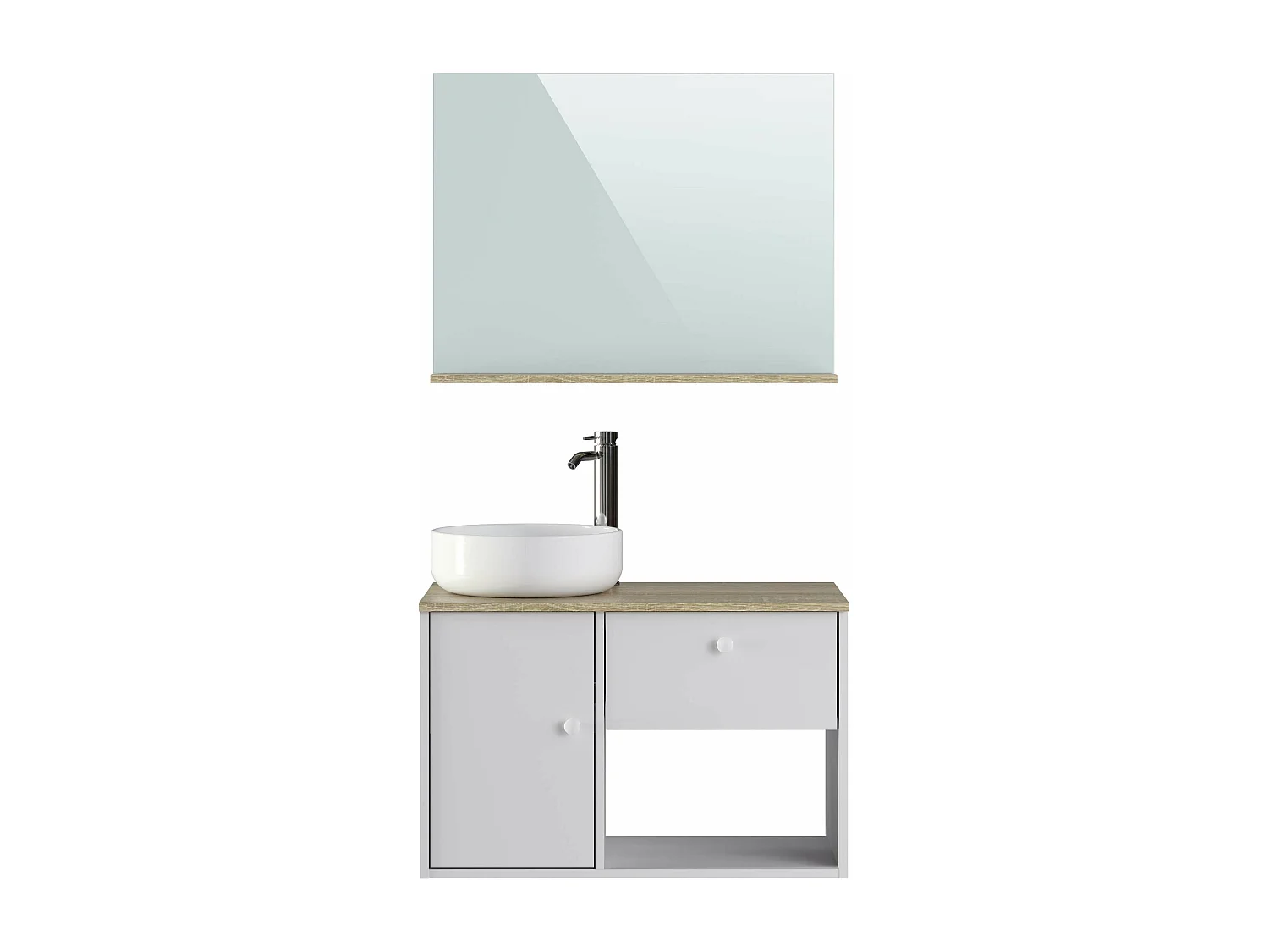 Meuble de salle de bain LARA 1 tiroir 1 porte 80 cm blanc et chêne T-BATH Inclus lavabo et miroir