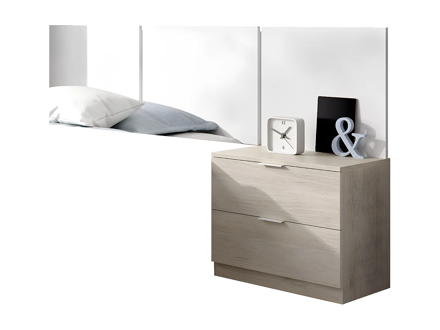 Ensemble de Tête de lit coloris blanc + 1 table de chevet avec 2 tiroirs pour enfant coloris naturel