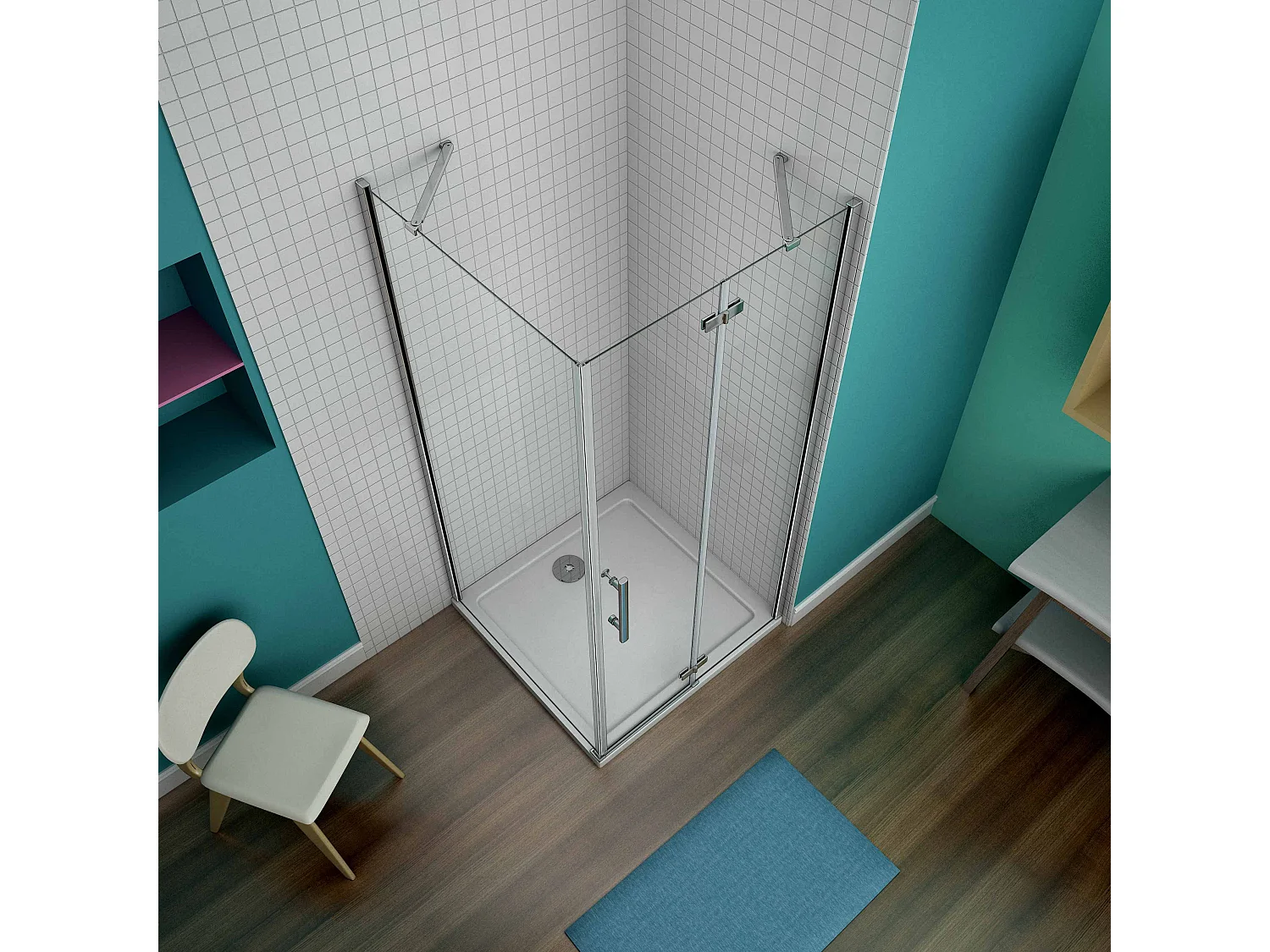 AICA Mampara de ducha abatible+panel lateral,barra 50cm,vidrio antical 6mm 900x900x1900mm