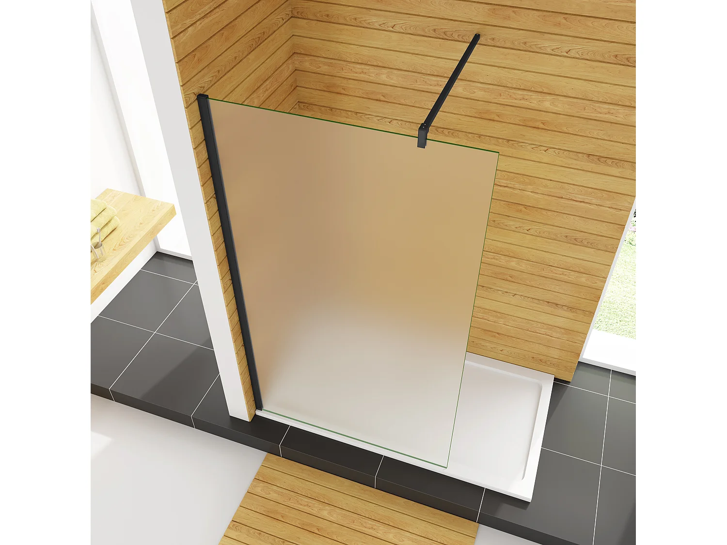 120x200cm Schwarzrahmen Duschabtrennung Walk In 10mm Nano ESG Milchglas Duschabtrennung + F Form 90cm Stabilisator