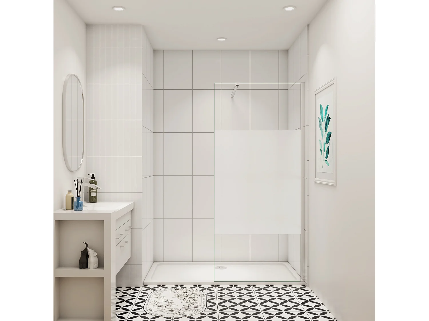 100x200cm Duschabtrennung Walk In 10mm Nano ESG Milchglasstreifen Duschabtrennung + 73-120cm Stabilisator Höhe 200cm