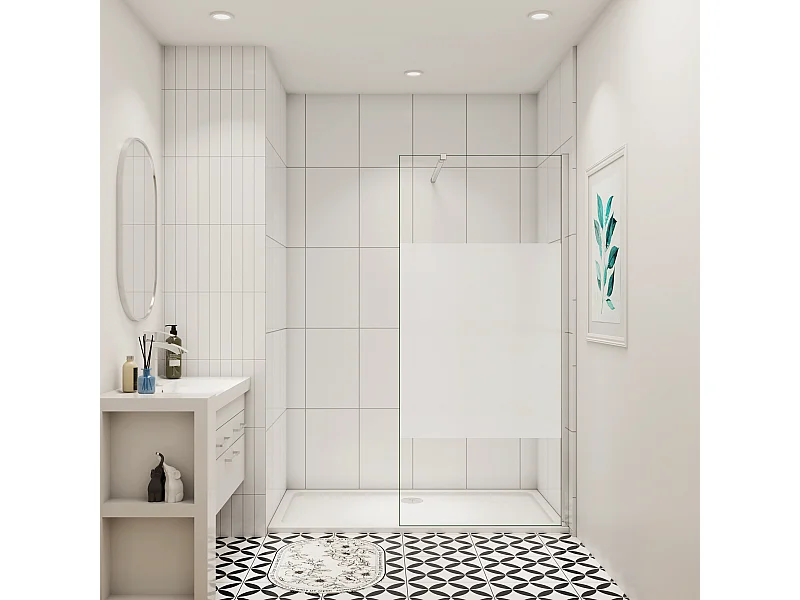 100x200cm Duschabtrennung Walk In 10mm Nano ESG Milchglasstreifen Duschabtrennung + 73-120cm Stabilisator Höhe 200cm