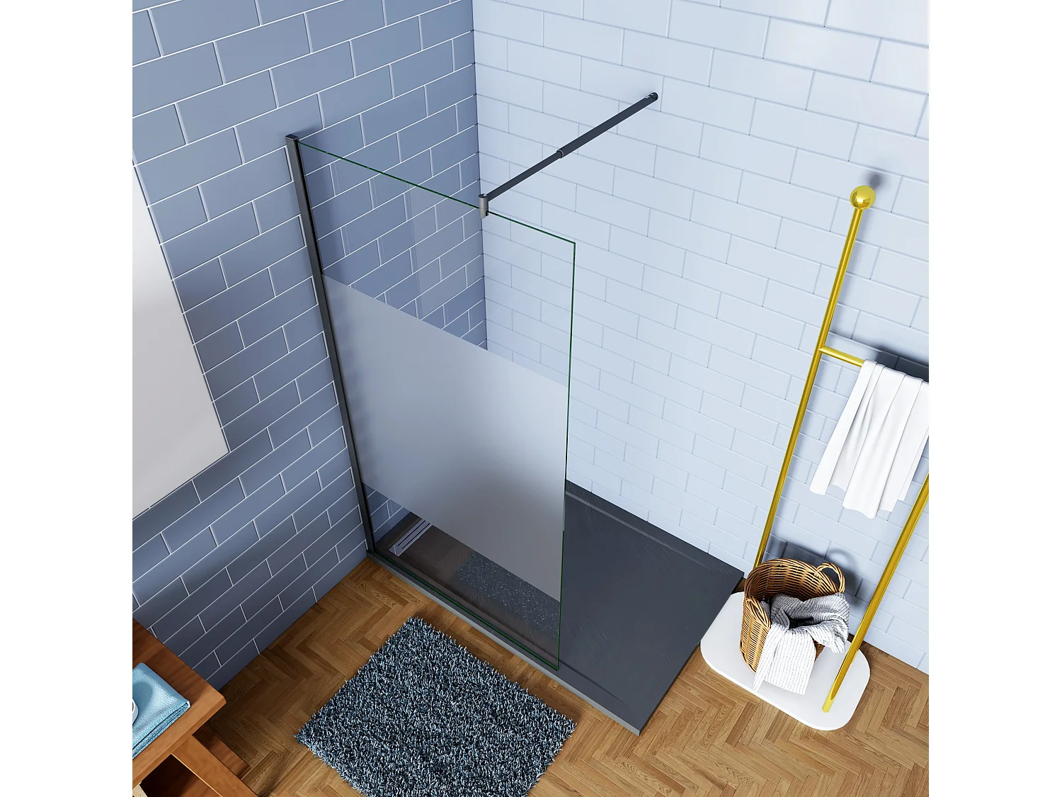 80x200cm Schwarzrahmen Duschabtrennung Walk In 8mm Nano ESG Milchglasstreifen Duschabtrennung + 70-120cm Stabilisator Höhe 200cm