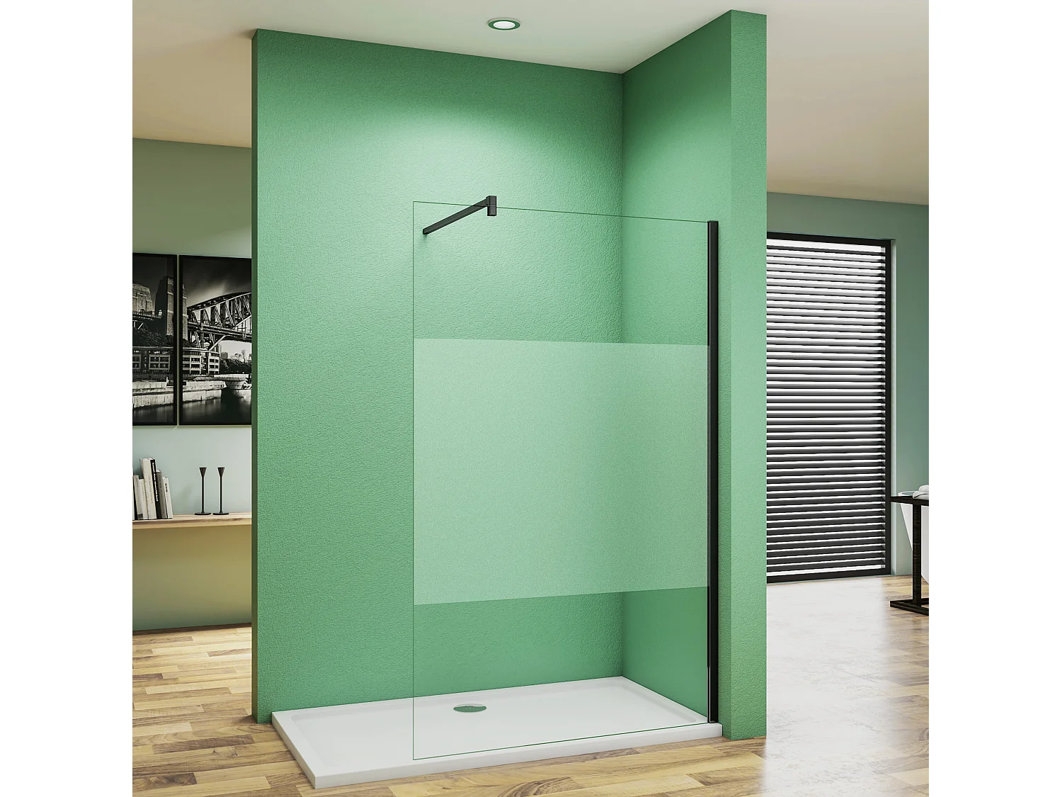 90x200cm Schwarzrahmen Duschabtrennung Walk In 10mm Nano ESG Milchglasstreifen Duschabtrennung + F Form 90cm Stabilisator Höhe 200cm