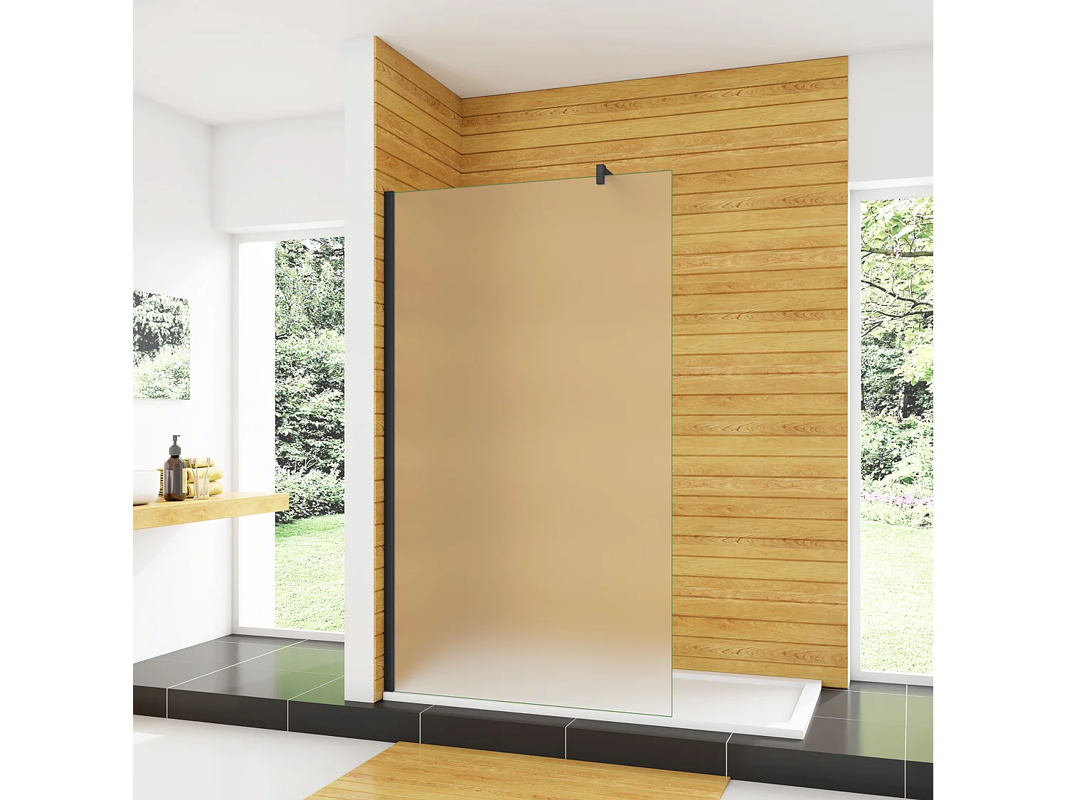 90x200cm Schwarzrahmen Duschabtrennung Walk In 10mm Nano ESG Milchglas Duschabtrennung + F Form 90cm Stabilisator