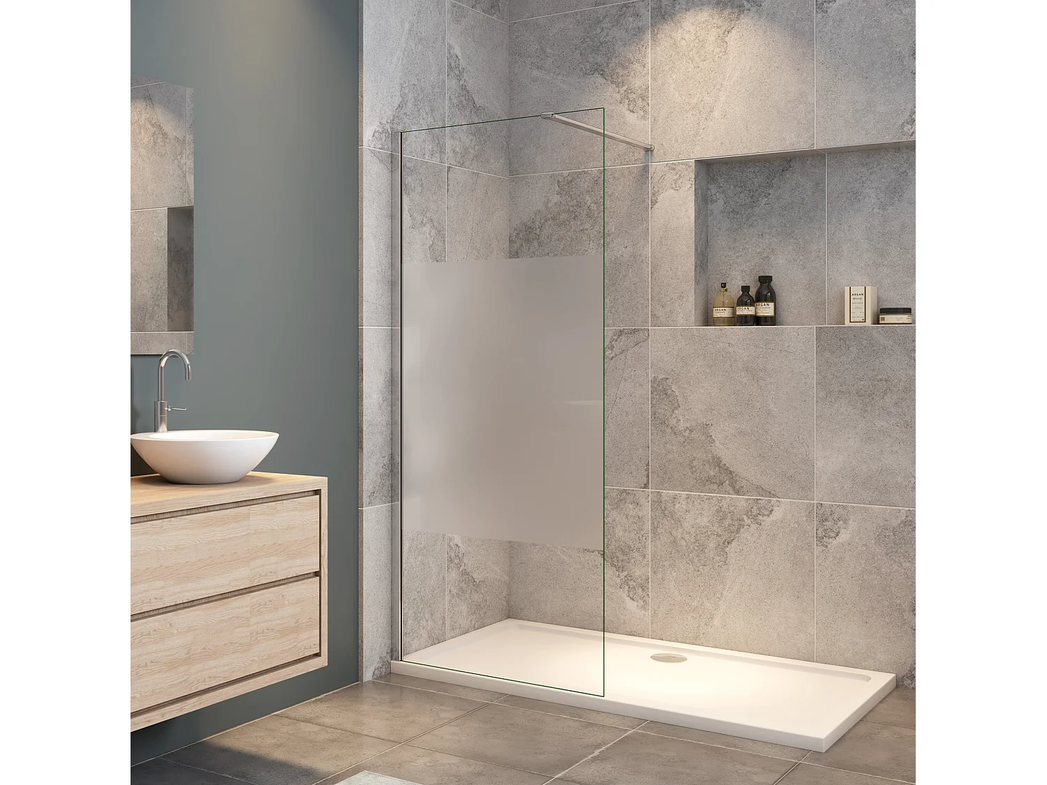 140x200cm Duschabtrennung Walk In 8mm Nano ESG Milchglasstreifen Duschabtrennung + N Form:90cm Stabilisator Höhe 200cm