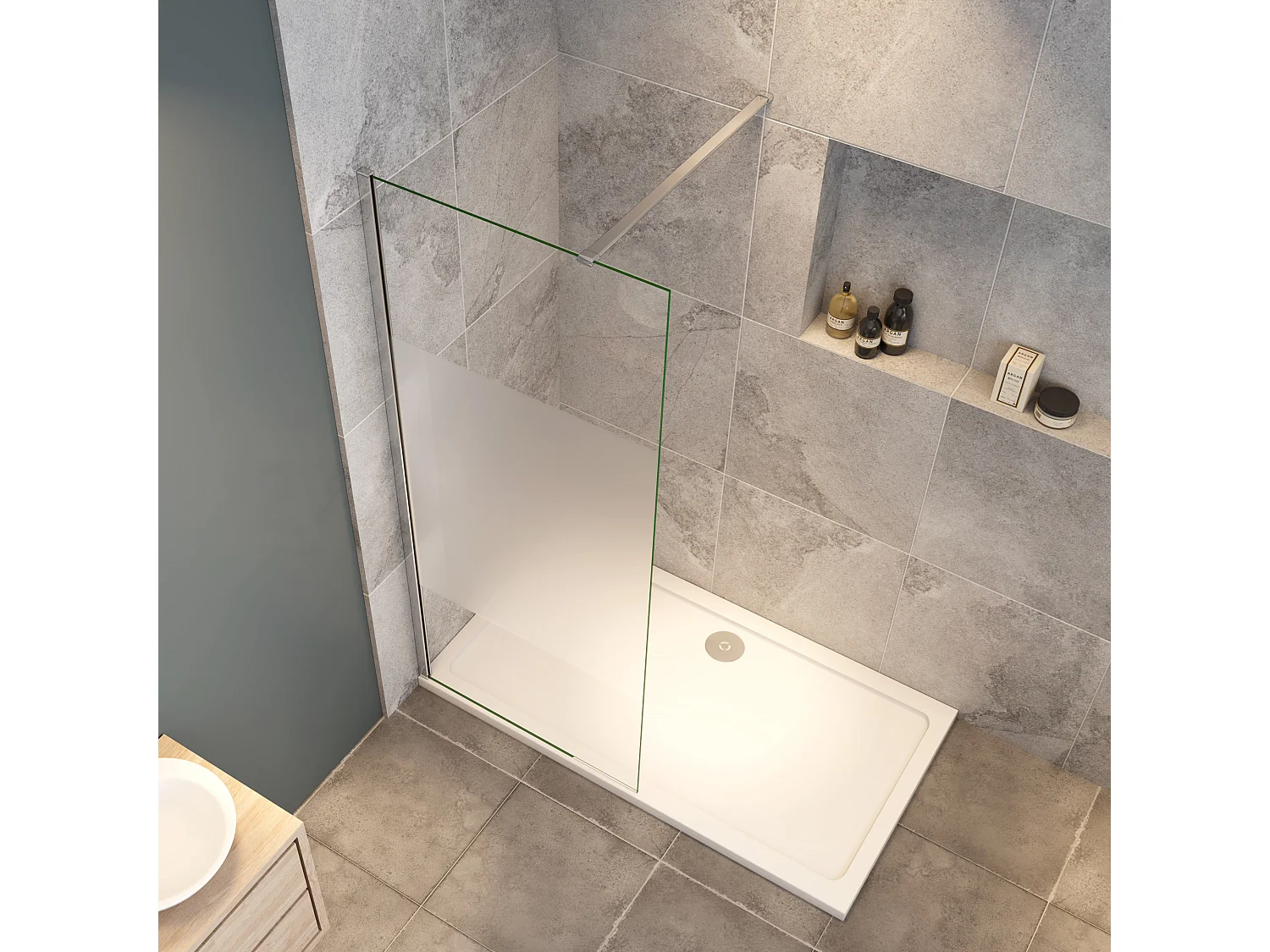 70x200cm Duschabtrennung Walk In 8mm Nano ESG Milchglasstreifen Duschabtrennung + N Form:140cm Stabilisator Höhe 200cm