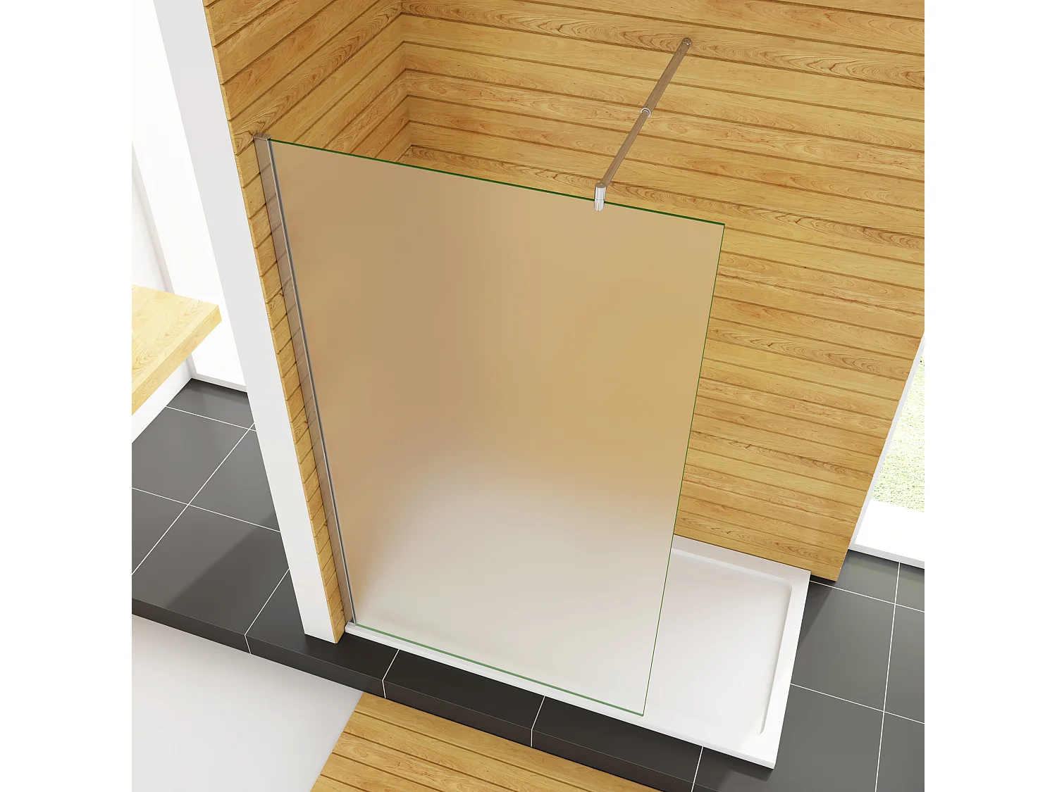 Duschwand 90x200cm mit Befestigungsstange die Klemme 70-120cm Walk In 10mm Nano ESG Milchglas Höhe 200cm