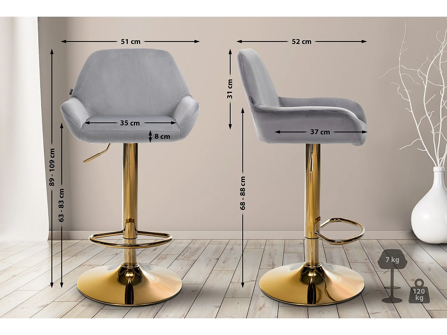 Lot de 2  Tabouret de bar - Velours & Métal - Gris - Braga