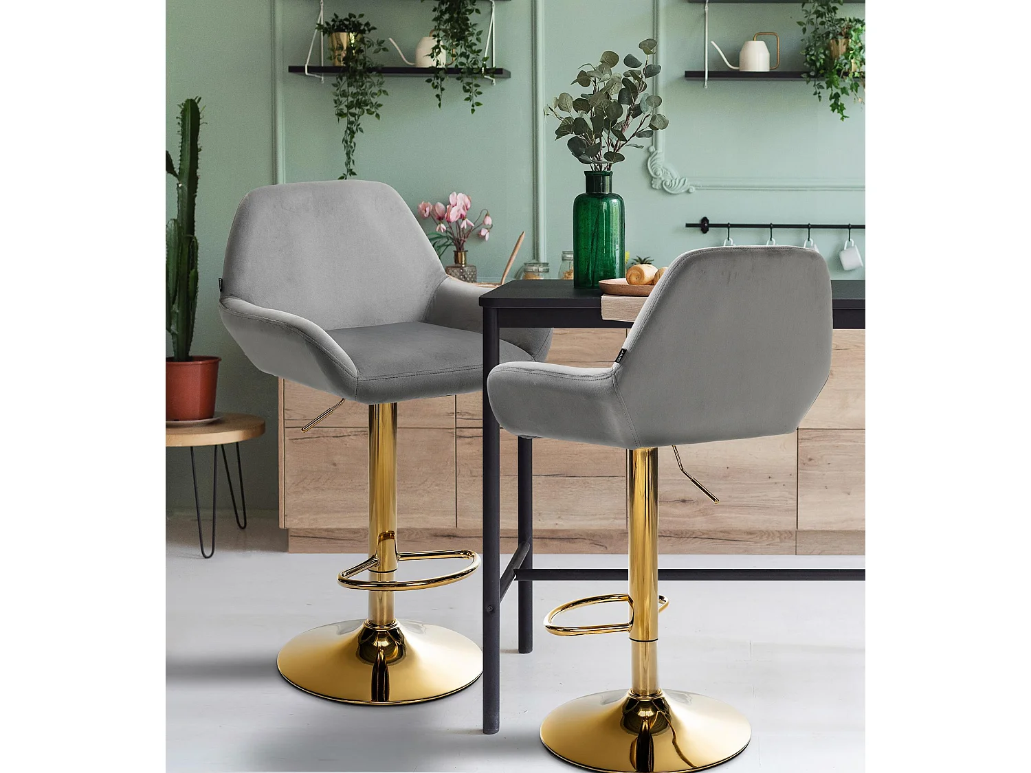 Lot de 2  Tabouret de bar - Velours & Métal - Gris - Braga