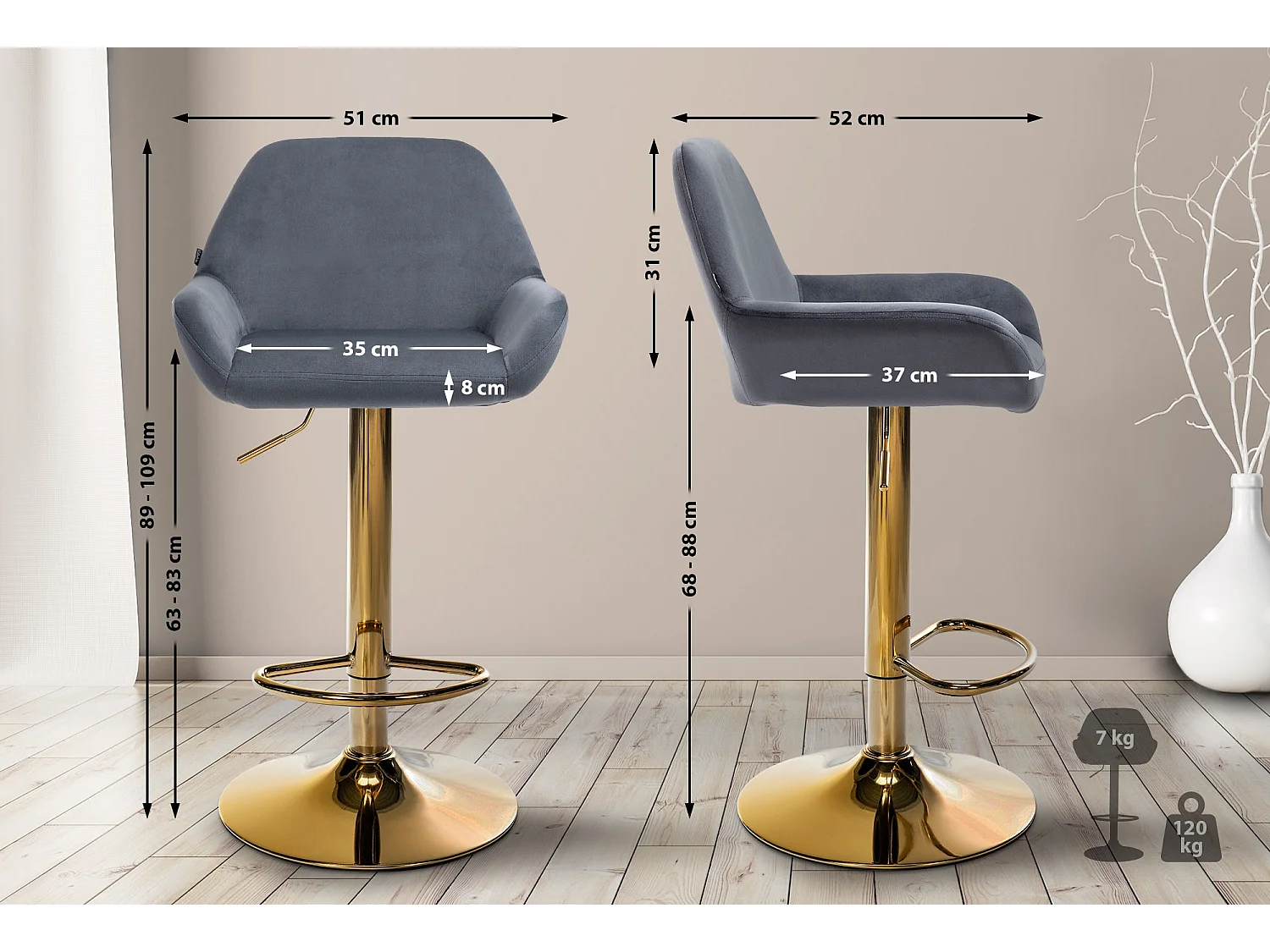 Lot de 2  Tabouret de bar - Velours & Métal - Gris foncé - Braga