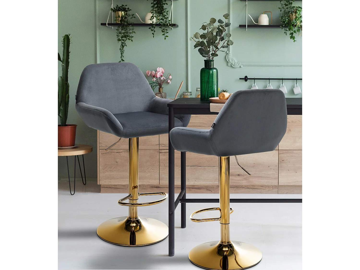 Lot de 2  Tabouret de bar - Velours & Métal - Gris foncé - Braga